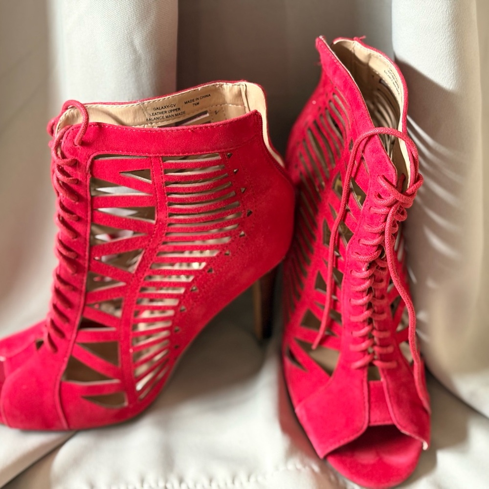 Crown Vintage Red Suede Cutout Lace-Up Peep-Toe Heels